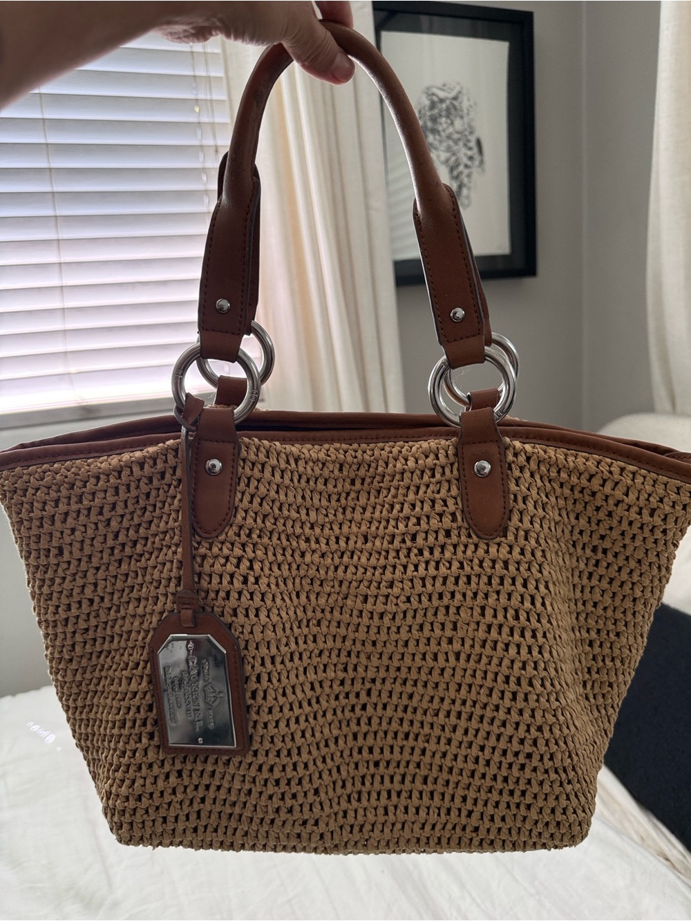 Ralph Lauren Tan Woven Tote with Brown Leather Handles